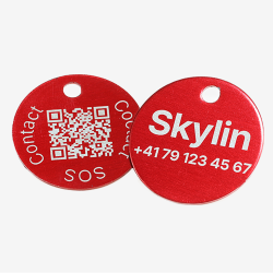 Médaille ronde pour animal en aluminium avec code QR et gravure laser