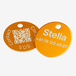 Médaille ronde pour animal en aluminium avec code QR et gravure laser