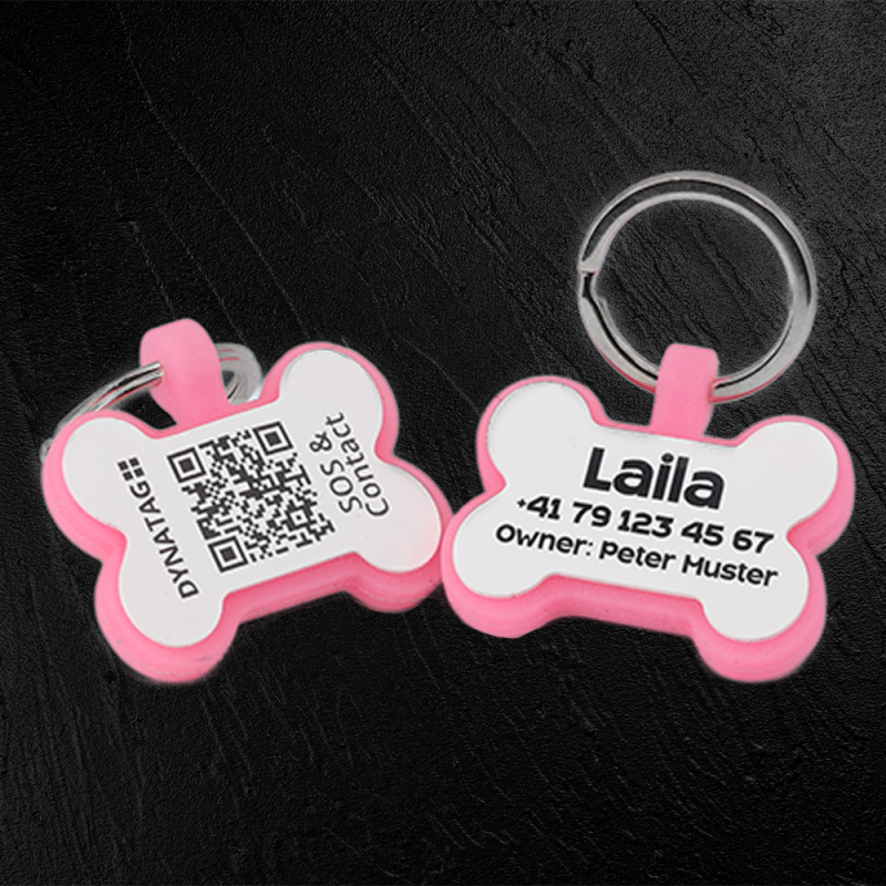 Chapa para cão em forma de osso de silicone fluorescente com código QR e gravação a laser