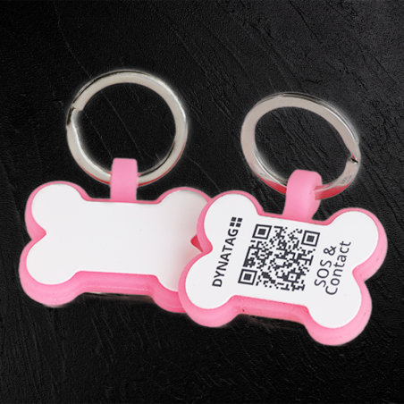 Chapa para cão em forma de osso de silicone fluorescente com código QR