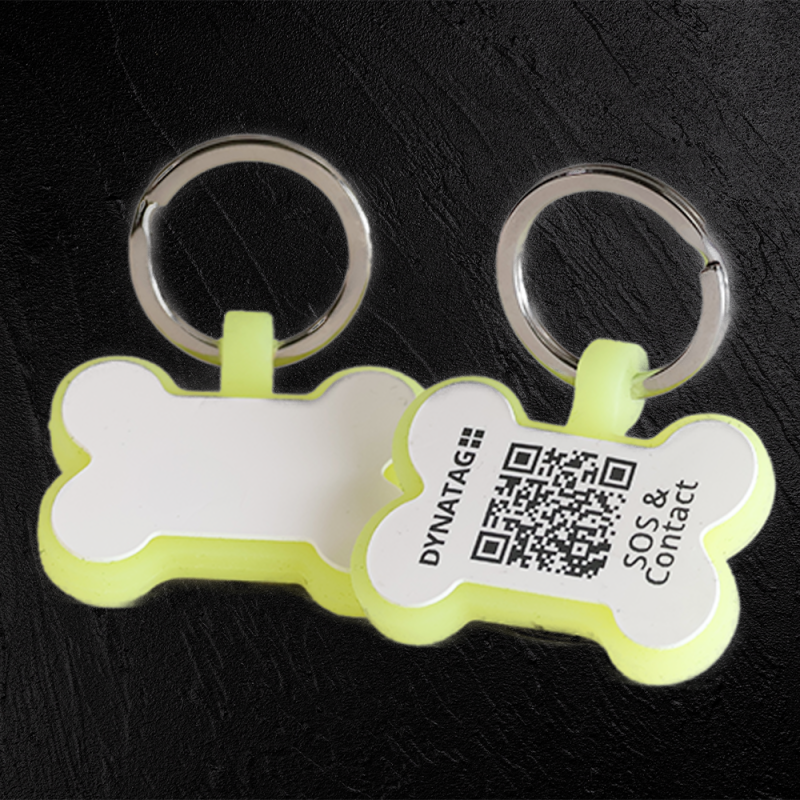 Chapa para cão em forma de osso de silicone fluorescente com código QR