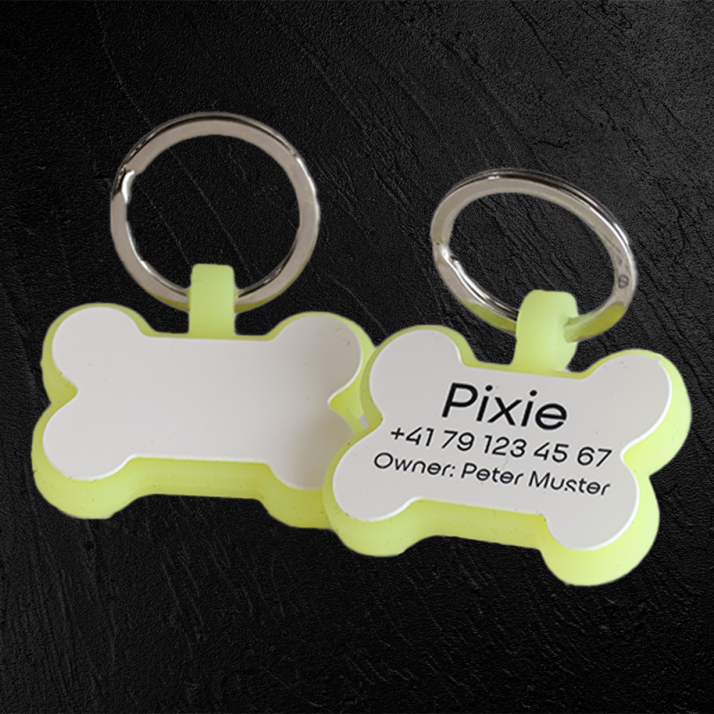 Fluorescent silicone bone-shaped dog tag with laser engraving