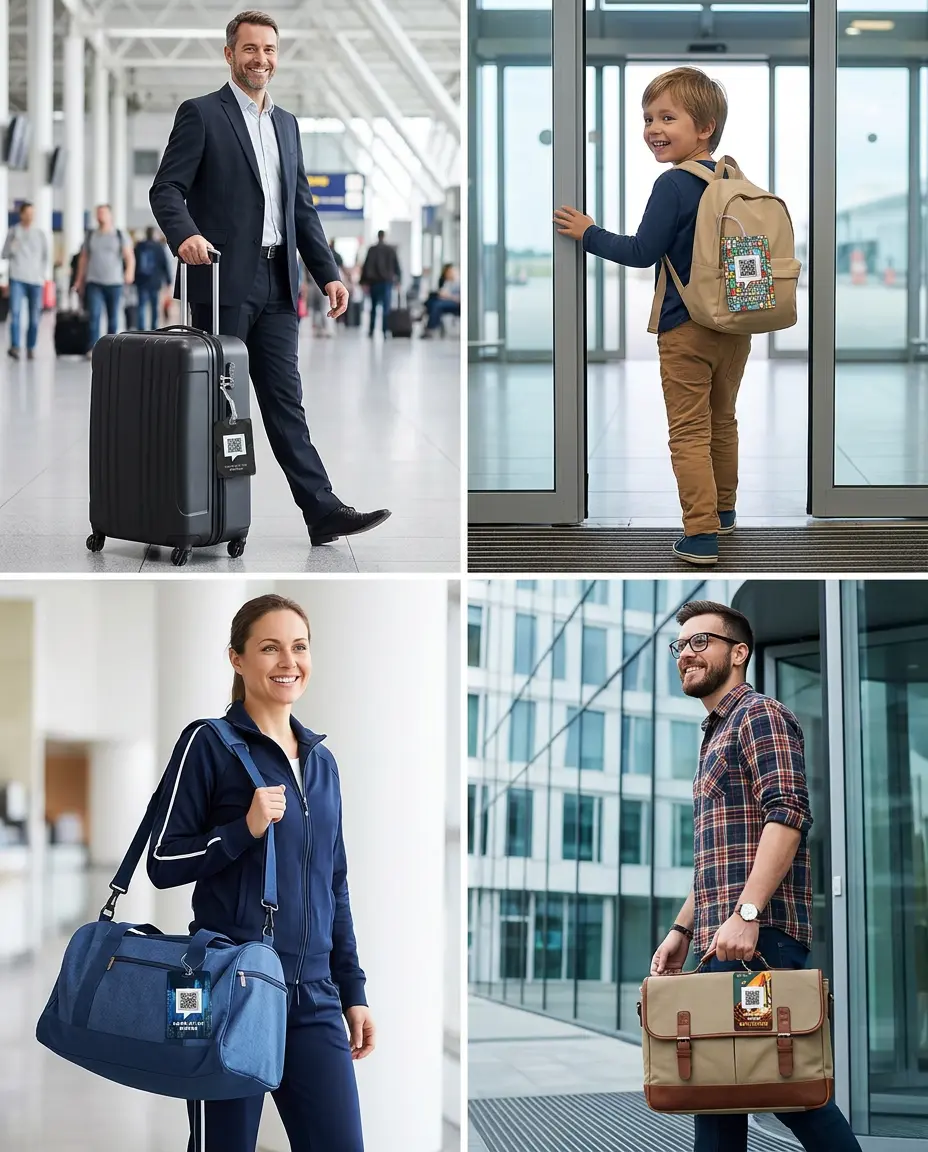 Etiqueta de bagagem com código QR para férias, crianças, esportes e viagens de negócios