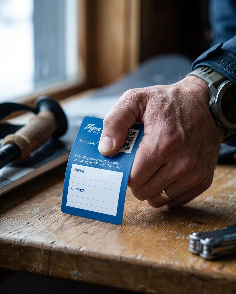 Verso de la carte SOS SkimGuard avec code QR et champ d’inscription
