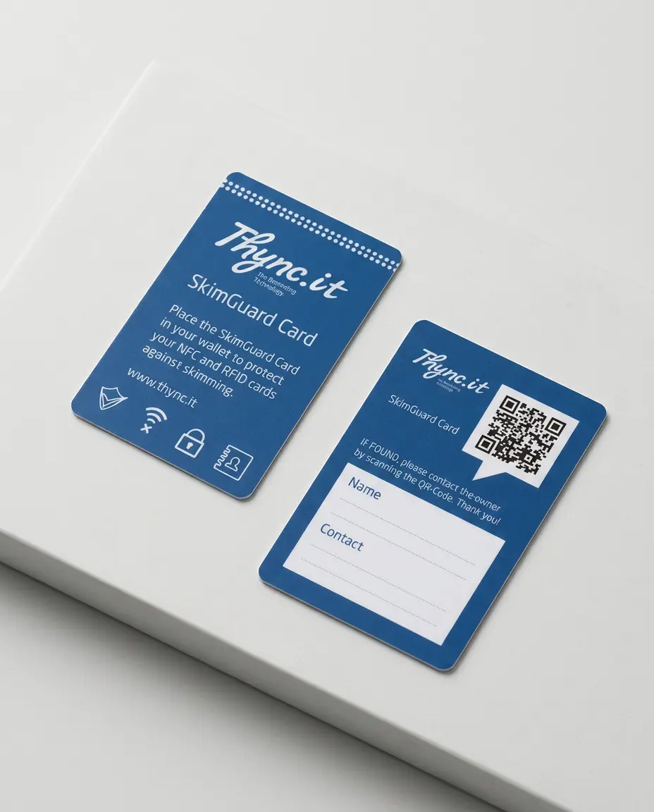 Carte SOS SkimGuard avec code QR à côté de cartes bancaires